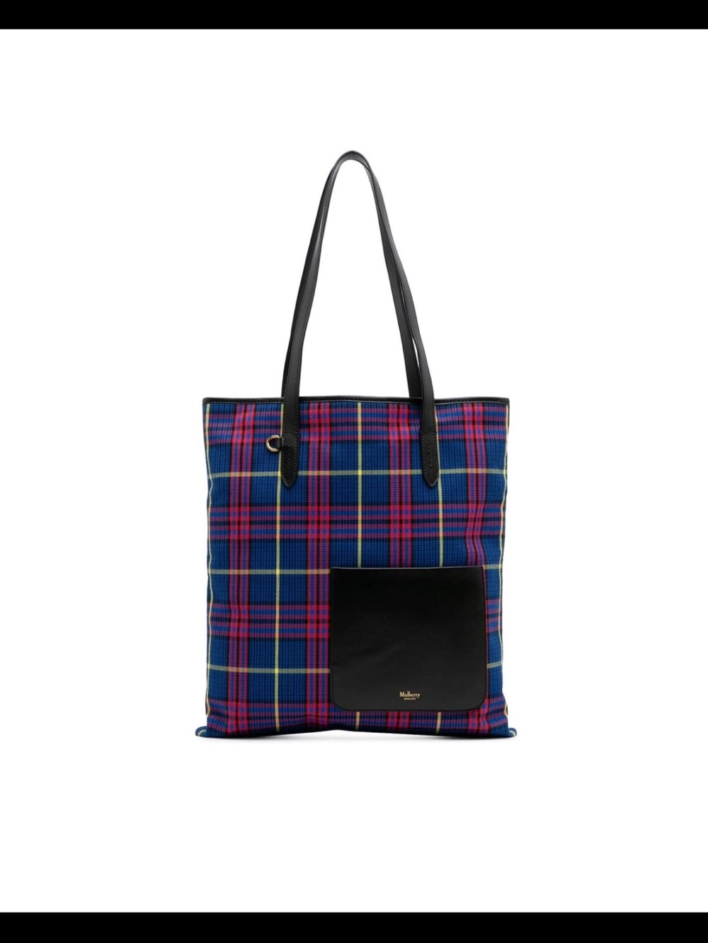 Mulberry Navy, Pink & Yellow Plaid Tote with Black Leather Pocket